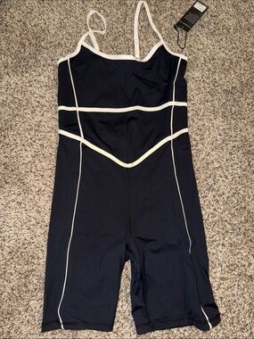 Black Women's Short Bodysuit with White Contrast Piping